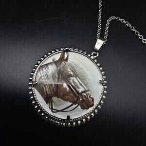 Vintage Equestrian Horse Pendant Necklace Silver Tone Rancher Western